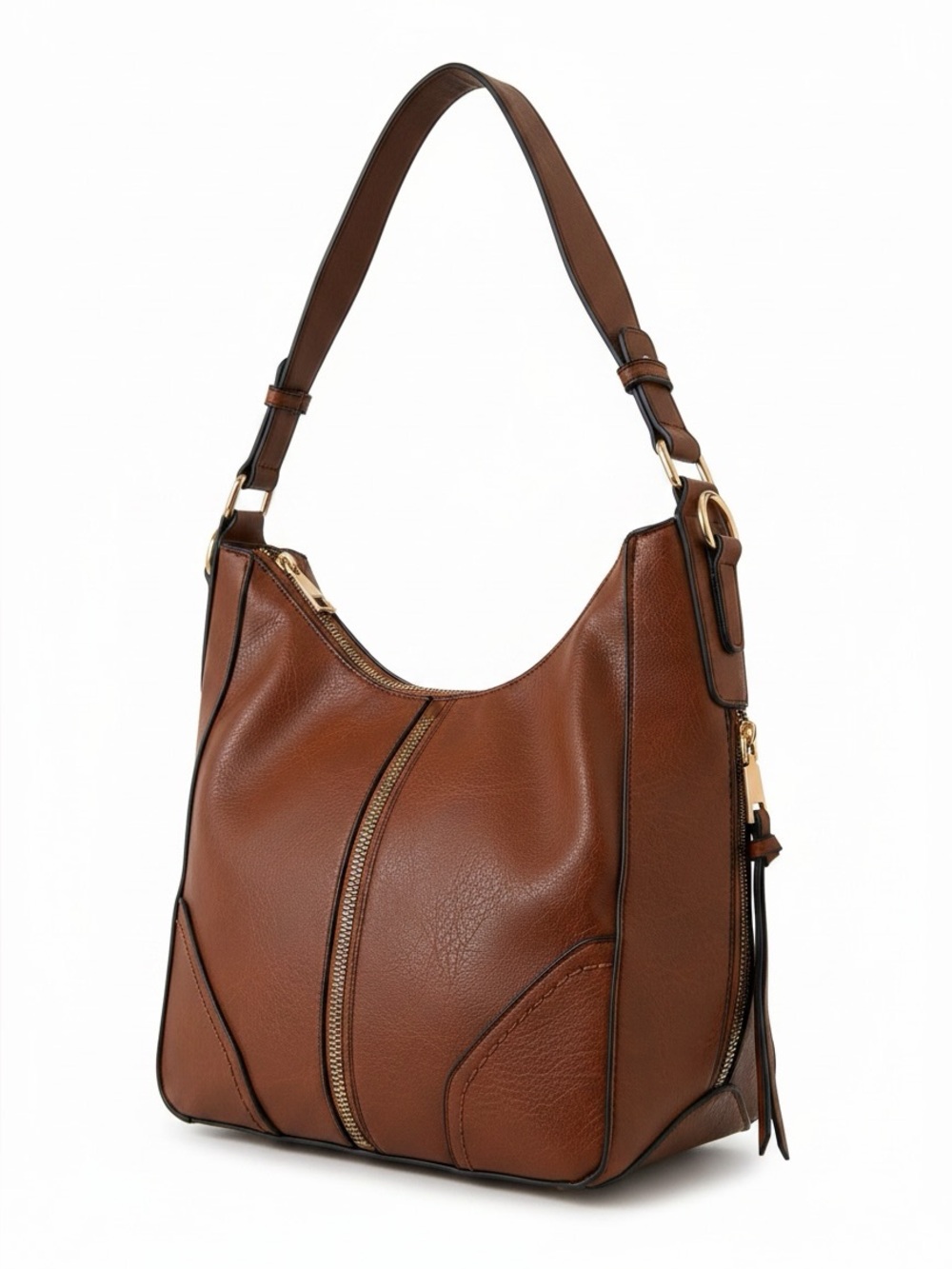 Pebbled Brown Leather Shoulder Bag with Gold Accents